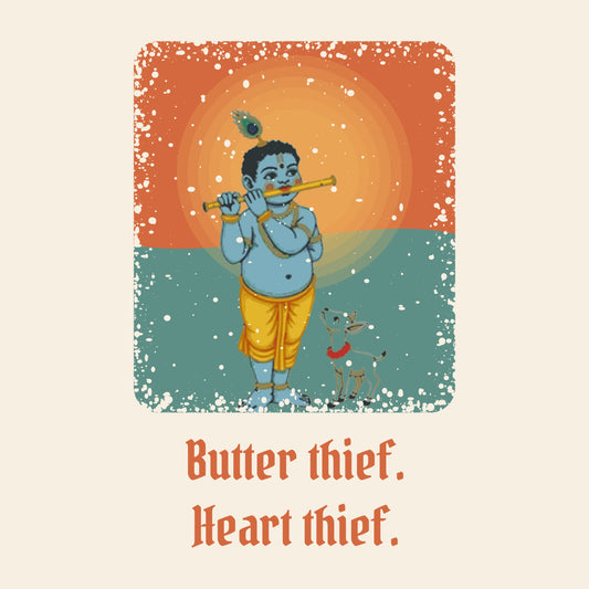 Design card: Krishna, “Butter thief. Heart thief.”