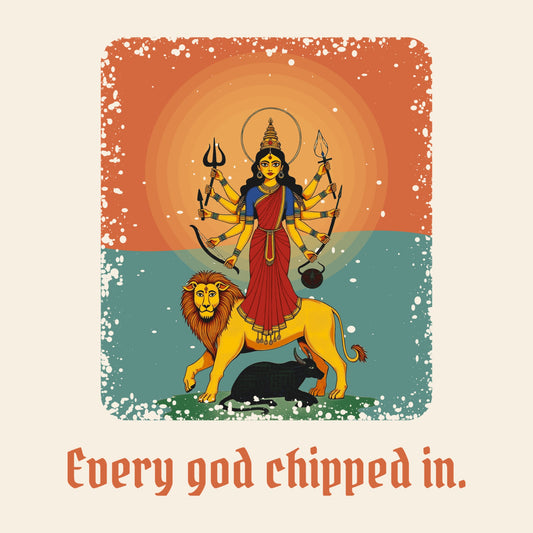 Design card: Durga, “Every god chipped in.”