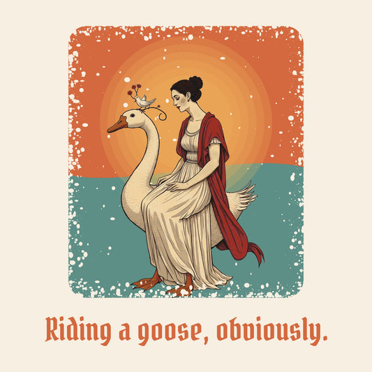 Design card: Aphrodite, “Riding a goose, obviously.”