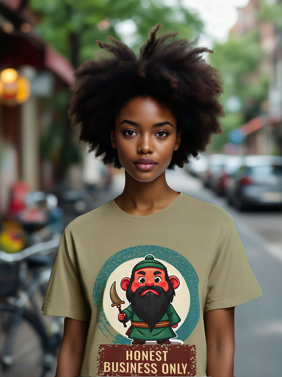 Mockup: AI-generated photo of the design worn by a model. The real shirt is printed to order; colours may vary slightly.