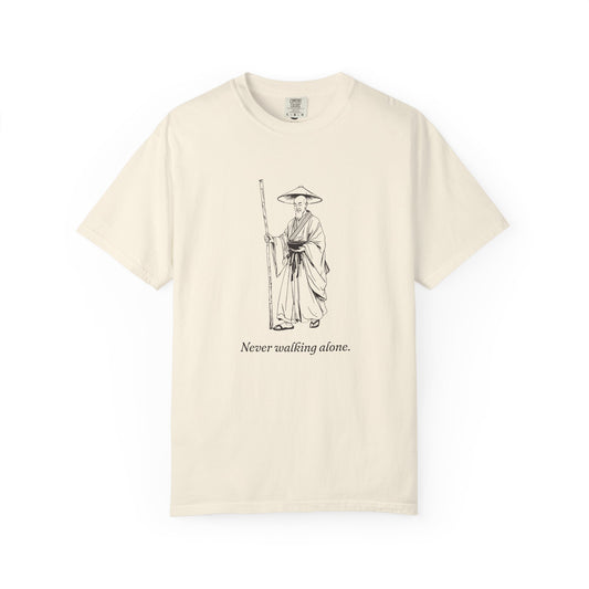 Kōbō Daishi · “Never walking alone.” — Garment-Dyed One-Ink Tee