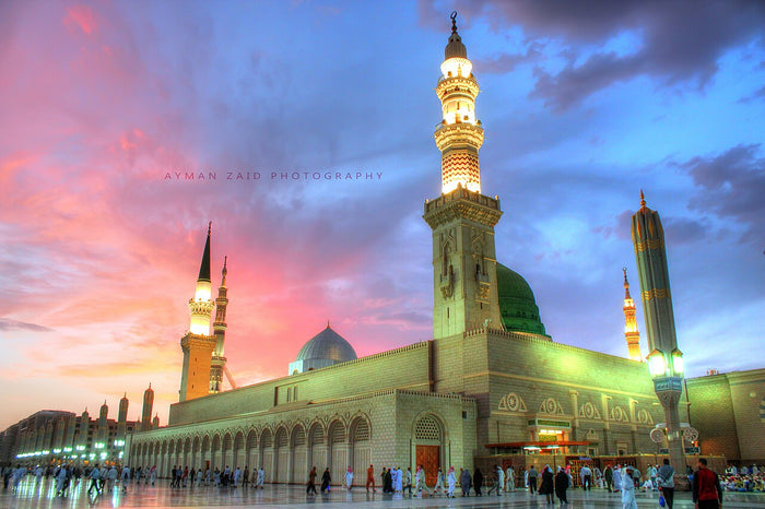 The Prophet's Mosque (Al-Masjid an-Nabawi) in Medina at dusk, which Muhammad founded after his migration to the city.