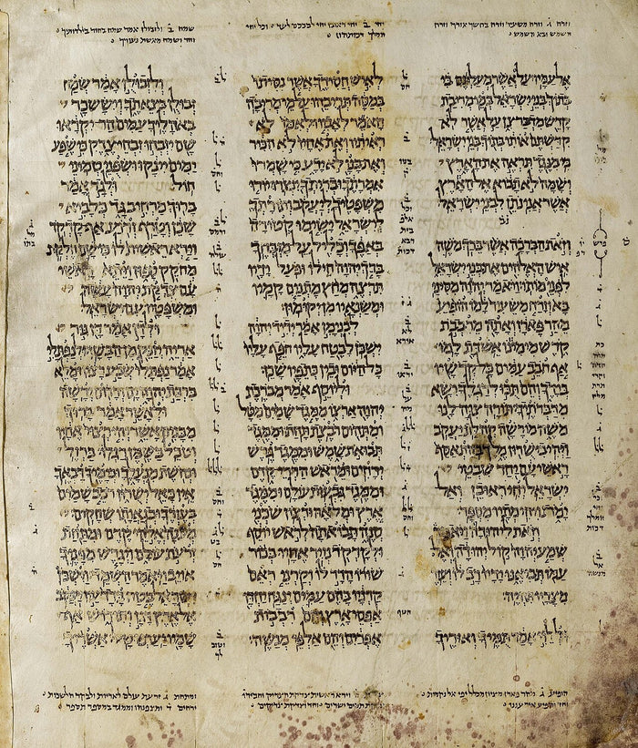 Aleppo Codex page, a 10th-century Hebrew Bible manuscript in three columns, preserving the divine name and Scripture text.