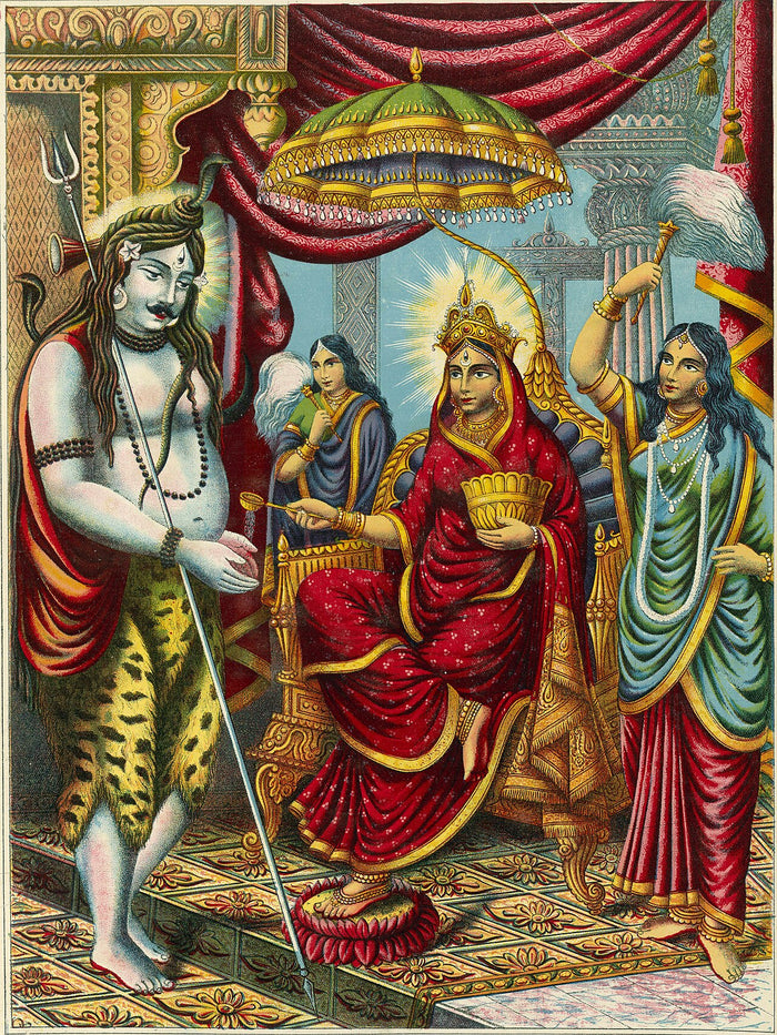1895 chromolithograph: enthroned Annapurna, attended by two women, serves food with a ladle to Shiva, who stands before her as a beggar.