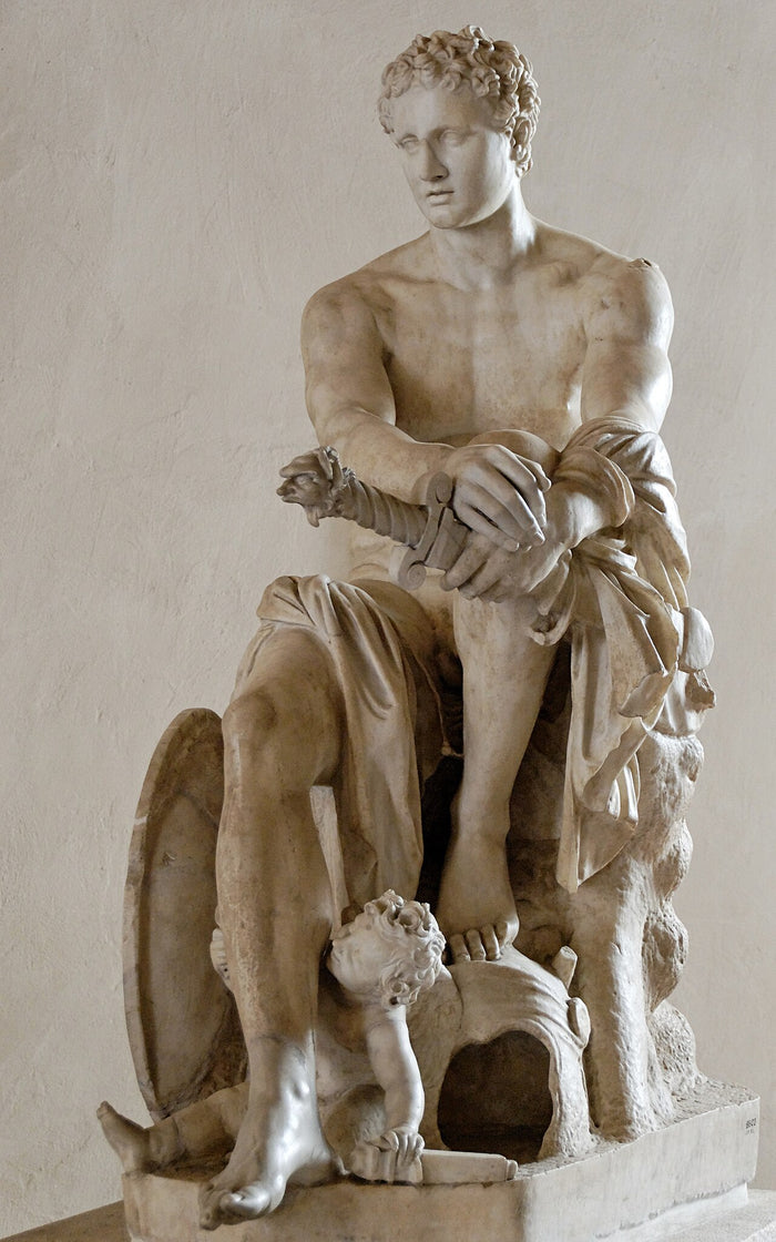 Ludovisi Ares, Roman marble copy of a Greek work, seated with sword, shield and a small Eros at his feet.