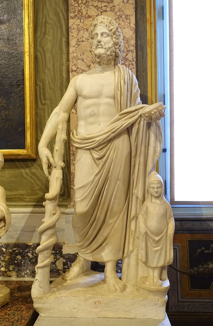 Roman marble Asclepius, 2nd century AD, Galleria Borghese: bearded god with serpent-entwined staff and a small child attendant.