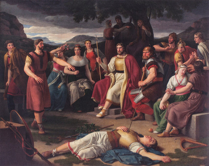 Nicolai Abildgaard's 1817 painting shows Baldr lying dead with the fatal mistletoe dart as the gods gather around.