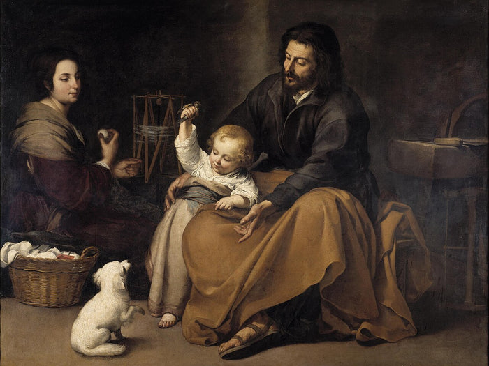Murillo's The Holy Family with a Bird (c. 1650): Joseph in a domestic scene with Mary and the child Jesus.