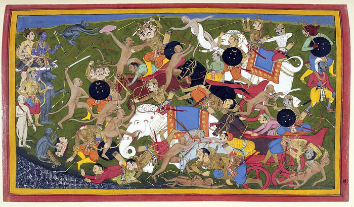 Battle at Lanka, a Ramayana painting from Udaipur, 1649–53, showing Rama's monkey army fighting Ravana's forces, in which Hanuman served.