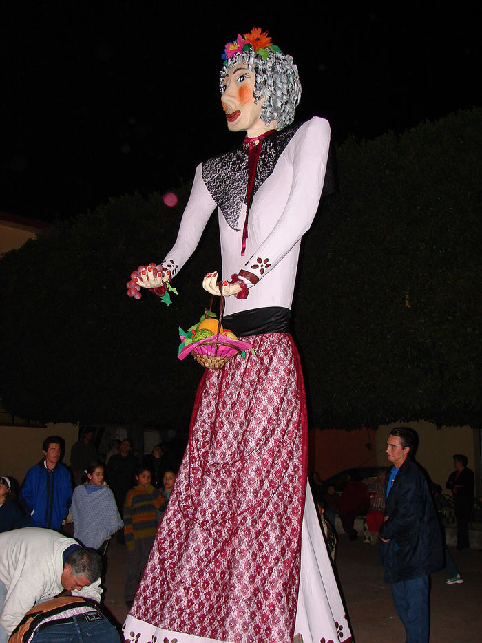 Giant processional Befana figure carrying a basket of fruit, shown at night during Epiphany festivities.