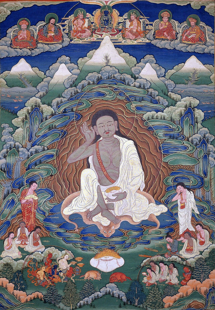 Bhutanese thangka, late 19th–early 20th century: Milarepa in white, hand raised to his ear, with disciples and lineage teachers.
