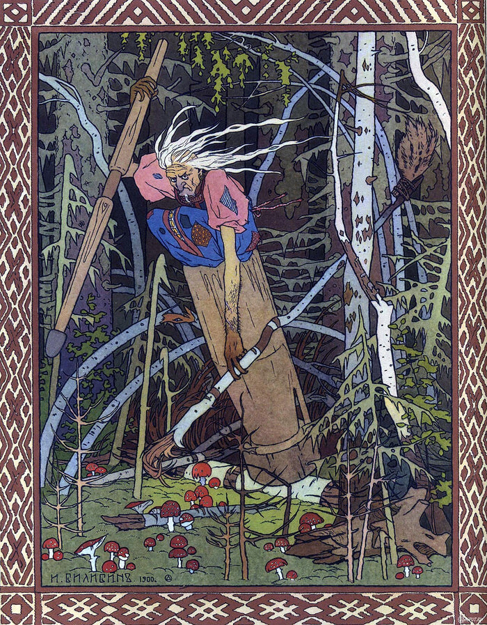 Bilibin's 1900 illustration of Baba Yaga riding her mortar with pestle and broom through the birch forest.