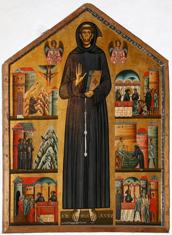 Medieval panel in the Bardi Dossal style, dated 1235: Francis stands holding a book, flanked by scenes from his life.