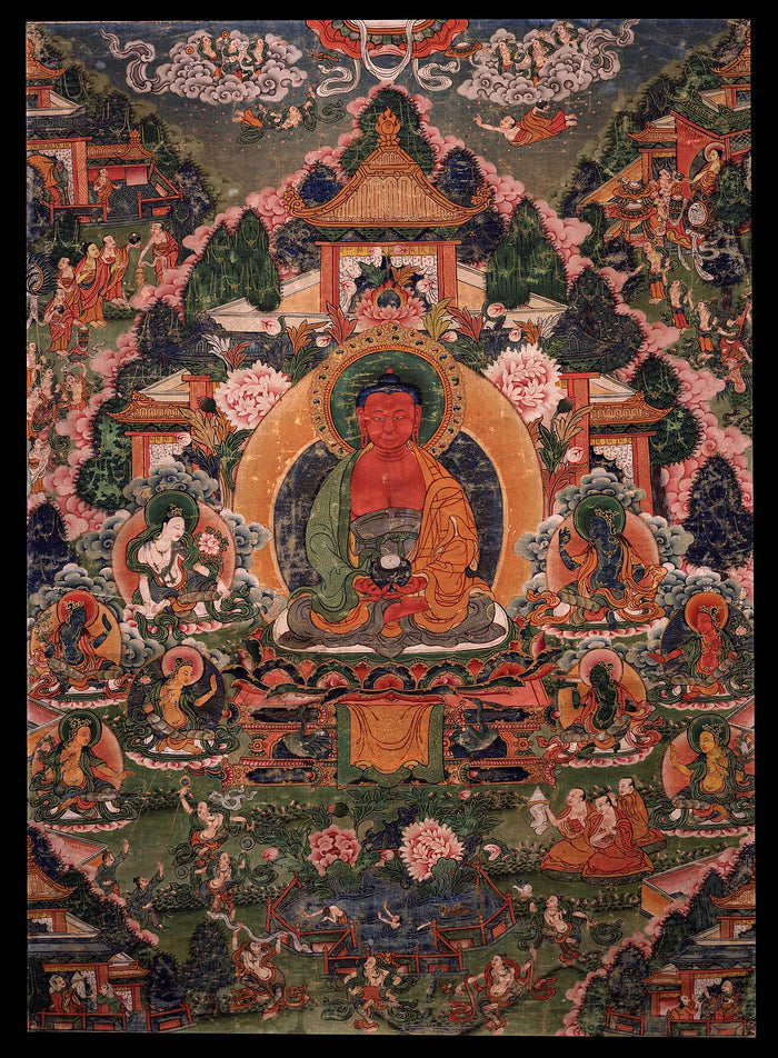 Tibetan thangka, 18th century: Amitabha enthroned in his Pure Land of Sukhavati, with attendant bodhisattvas, palaces and celestial beings.