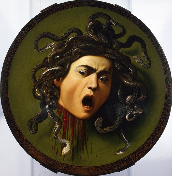 Caravaggio's Medusa, 1597–98, painted on a ceremonial shield: the severed head with snake hair, frozen in a scream.