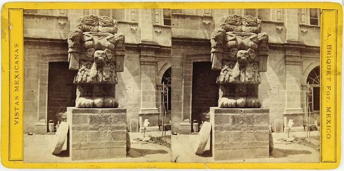 Stereo card, c. 1877–1900, showing the Coatlicue statue on display in Mexico City, a record of its early public exhibition.