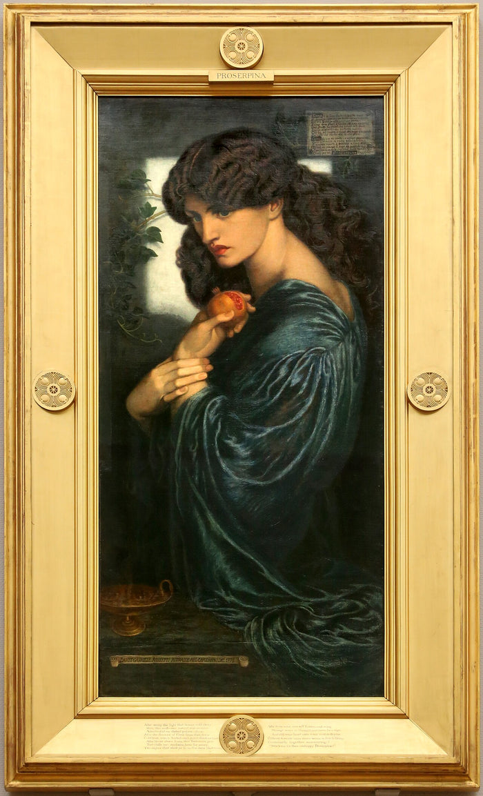 Dante Gabriel Rossetti's Proserpina (1874), showing her holding the pomegranate of the underworld, in its original frame.