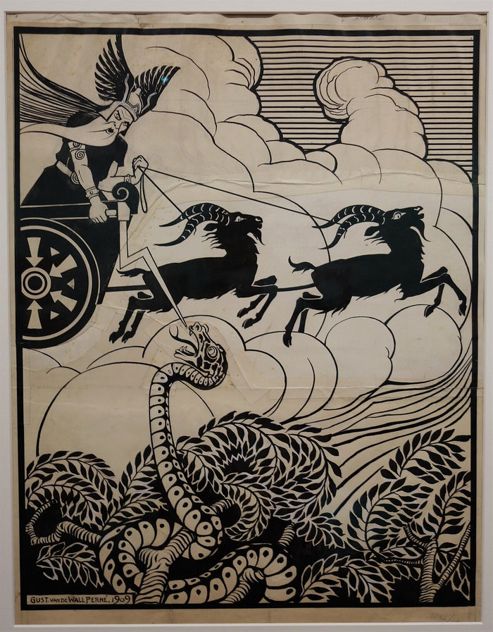 Early 20th-century ink design (inscribed 1909) showing Thor in a goat-drawn chariot attacking a coiled serpent.