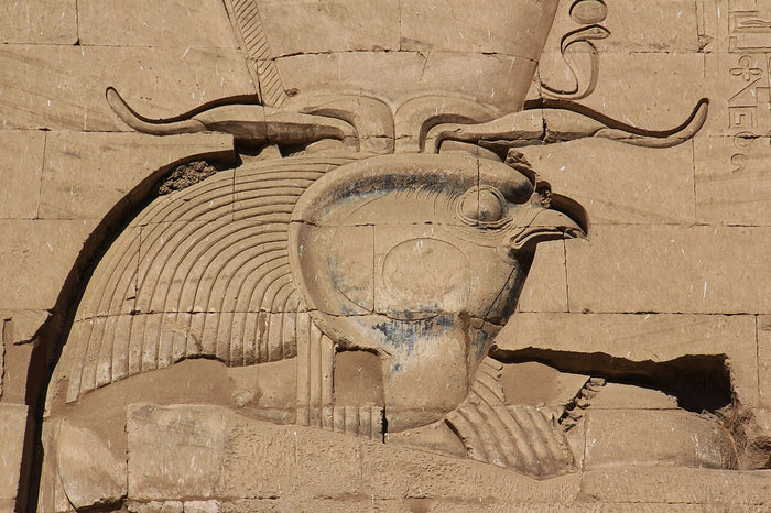 Falcon-headed Horus in relief at Edfu, wearing the double crown, the god's classic iconographic form.