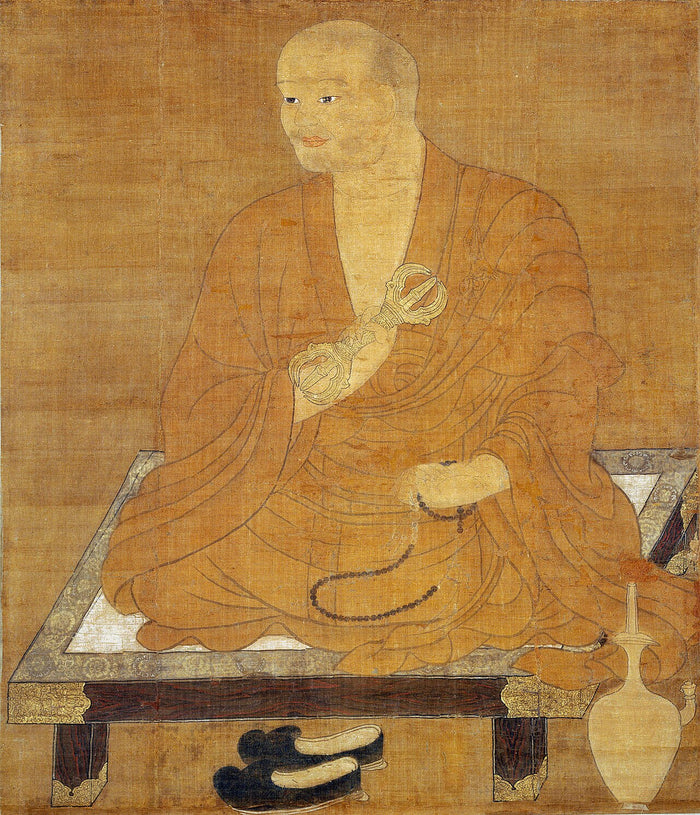 Seated portrait of Kōbō Daishi, 13th–14th century, holding a vajra and prayer beads, the esoteric Shingon attributes.