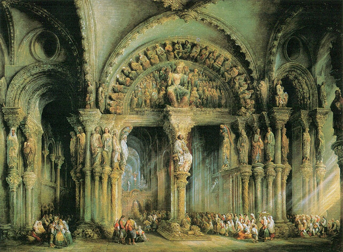 1849 painting of the Pórtico de la Gloria, with pilgrims gathered in the cathedral at Compostela.