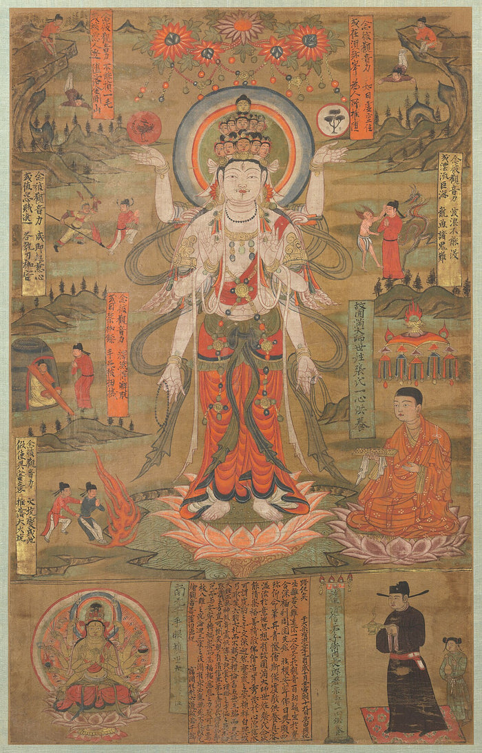 Painted banner of the Thousand-armed, eleven-headed Guanyin standing on a lotus, with scenes of rescue from peril (dated 985).