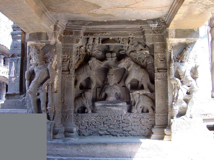 Gajalakshmi panel at Kailasa Temple, Ellora: Lakshmi enthroned on a lotus, flanked by lustrating elephants.