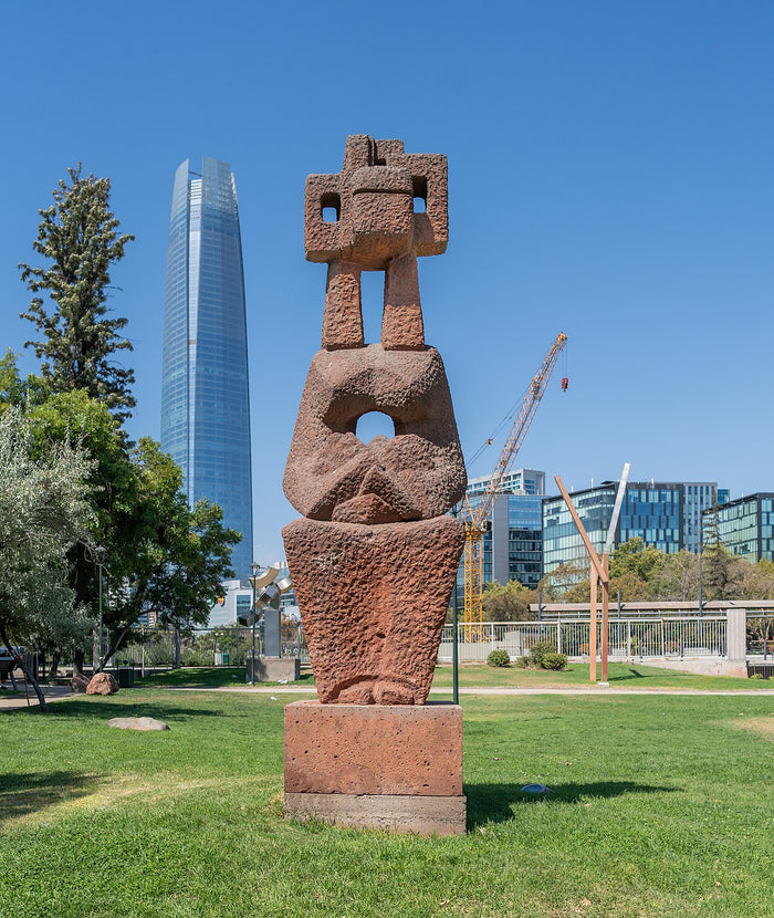 Pachamama sculpture in red stone, Santiago, 2024: a modern monumental figure honouring the Andean Mother Earth.