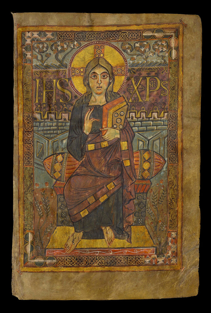 Christ enthroned blessing and holding a book, Godescalc Evangelistary miniature, c. 781–783, Carolingian art.