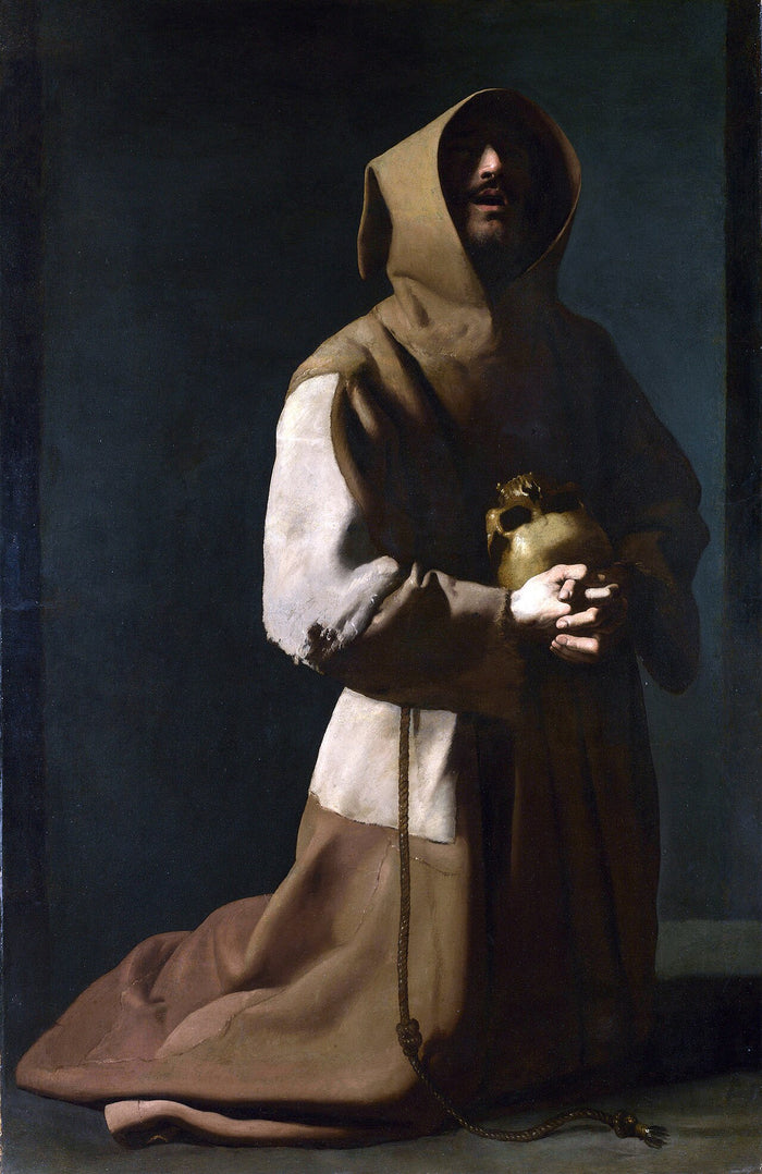 Spanish Baroque painting of Francis kneeling in a hooded habit holding a skull, made between 1635 and 1639.