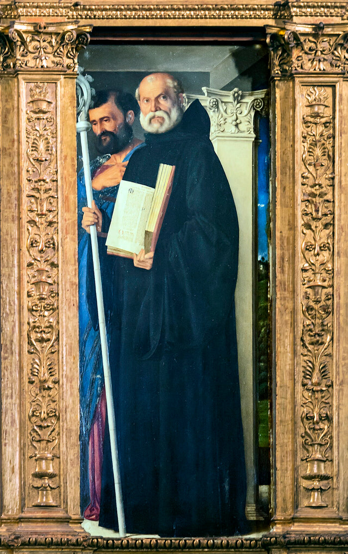 Giovanni Bellini's Frari triptych panel shows Benedict in black Benedictine habit with crozier and open book, the Rule's emblem.