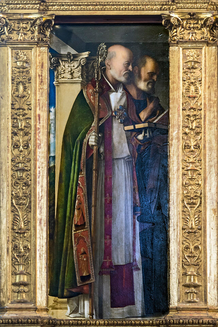 Giovanni Bellini's triptych panel in the Frari sacristy, Venice: Saint Nicholas as bishop with crozier, beside Saint Peter.