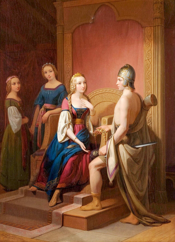 Heimdall returns the necklace Brisingamen to Freyja, 1846, showing her best-known treasure.