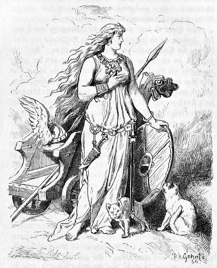 Freyja, 1888, with spear, shield and winged helmet and two cats beside her chariot, hinting at her martial side.
