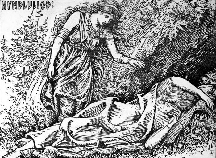 Freyja awakes Hyndla, published 1908, illustrating the Hyndluljóð, the Eddic poem in which she consults the giantess.