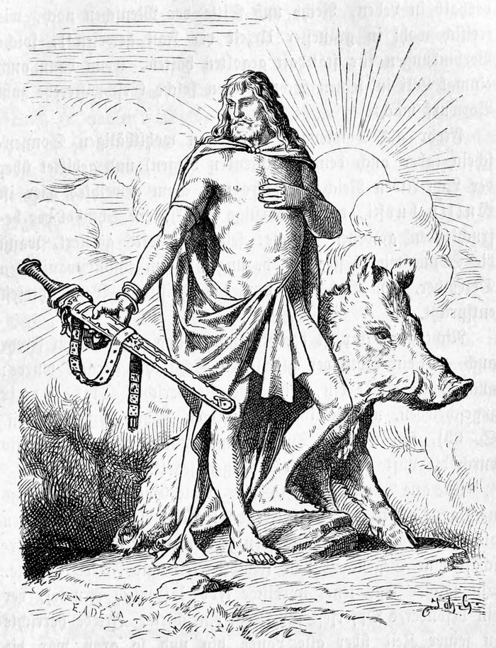 Freyr in an 1888 Walhall illustration, with sword, boar and radiant sun, his main attributes.