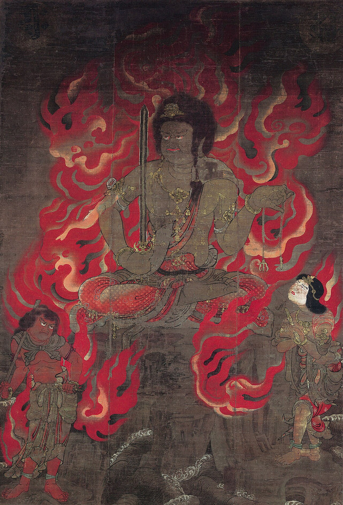 Kamakura-period painting of Fudō Myōō seated amid red flames with sword and rope, attended by two child attendants.