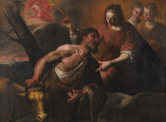 17th-century painting: Juno, with attendants, entrusts the hundred-eyed Argus with guarding Io, shown as a cow.