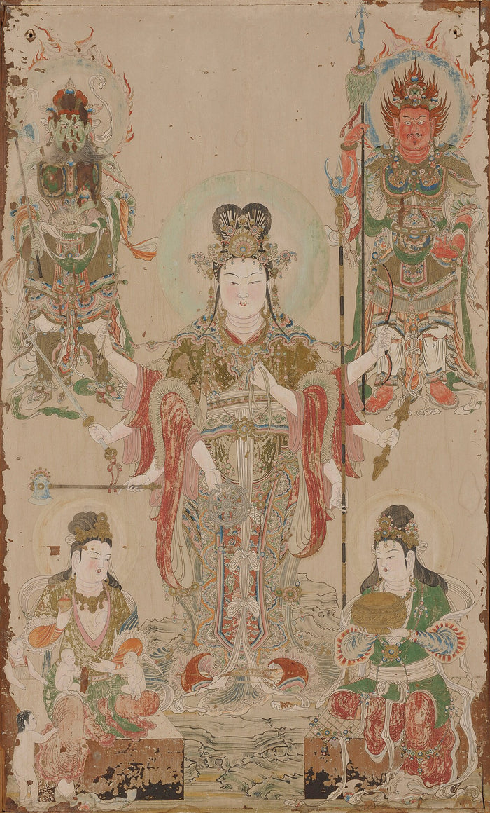 Jōruri-ji painting, dated 1212: Benzaiten with eight arms and four attendants, an early Japanese image of the goddess.