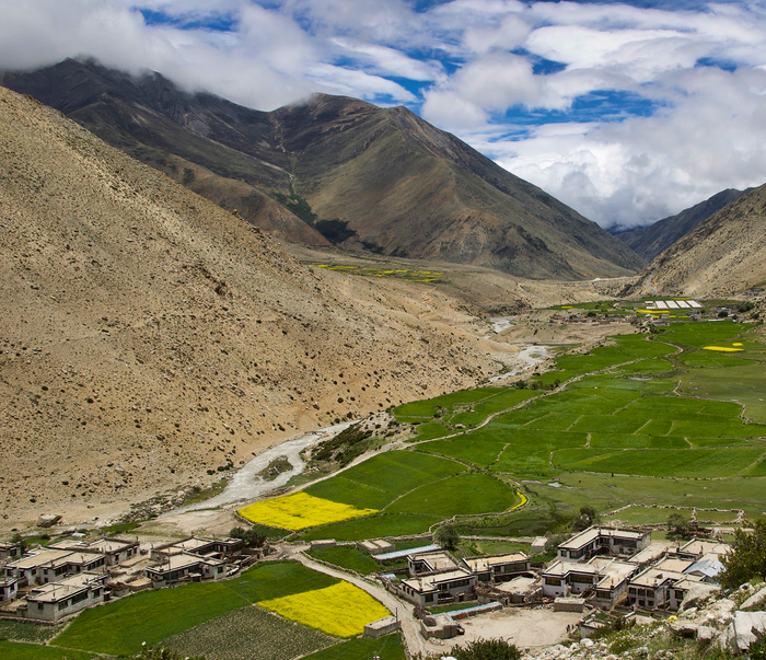 Gompa and village at the Milarepa Cave site (photo 2010), in a high valley with green and yellow fields.