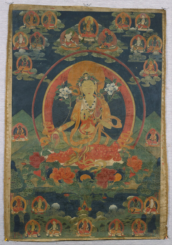18th-century Tibetan thangka of Green Tara seated on a lotus, holding flowers, ringed by smaller deities.