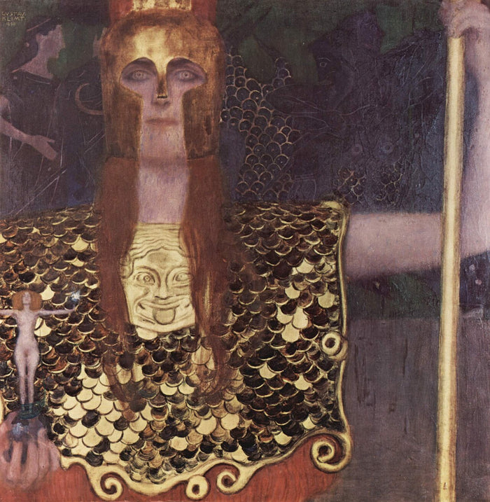 Gustav Klimt's Pallas Athena (1898): helmeted, holding a spear and a small Nike, with a Gorgon head on her armour.