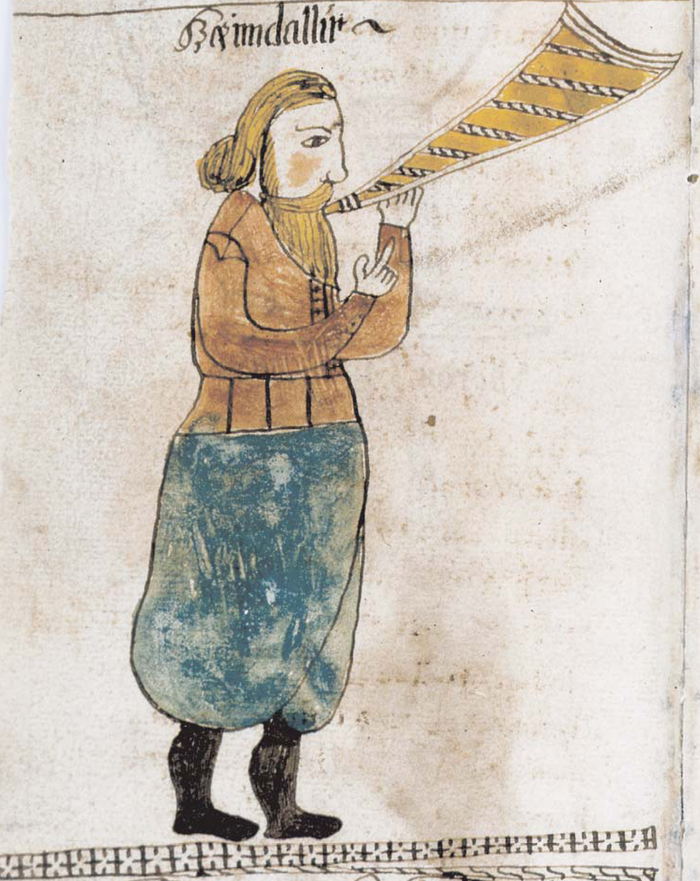 Heimdallr with his horn in a simple early Icelandic Edda manuscript image, named in the heading.