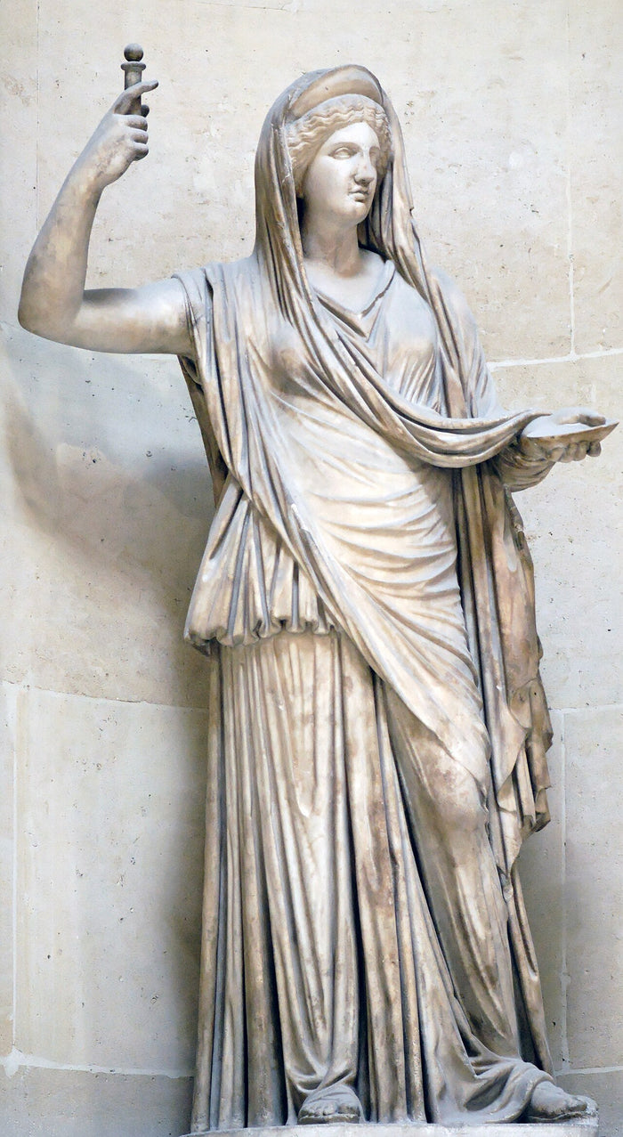 Roman marble Hera (Campana type, Louvre), veiled and holding a sceptre and offering bowl as queen of the gods.