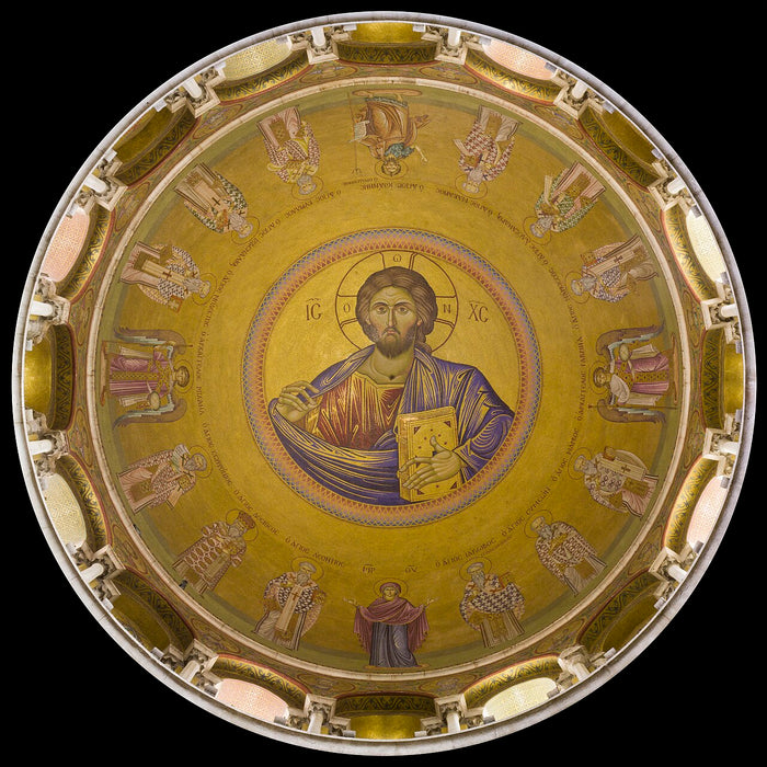Christ Pantocrator mosaic in the dome of the Catholicon, Church of the Holy Sepulchre, Jerusalem, showing Christ holding the Gospel book.