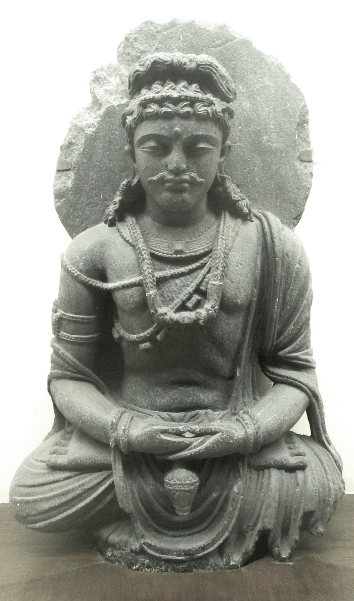 Gandharan Maitreya meditating, Loriyan Tangai; the small water flask at his waist is his typical attribute.