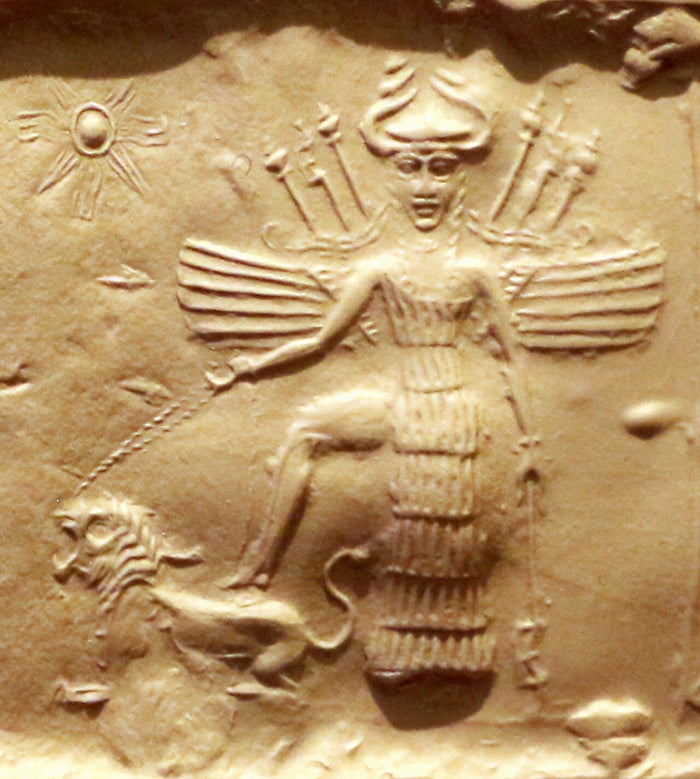 Akkadian seal impression of Ishtar with wings, shoulder weapons and a lion on a leash, her warlike aspect.
