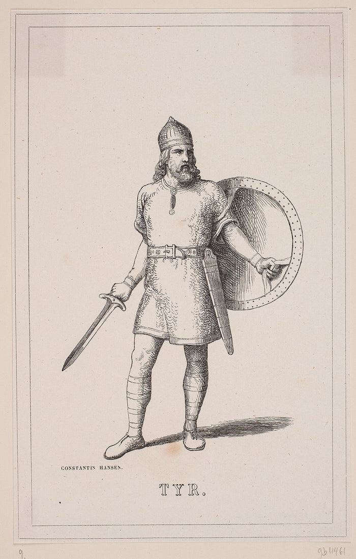 Constantin Hansen's engraving shows Tyr as a bearded Norse warrior with helmet, sword and round shield.