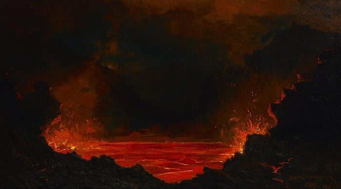 Kilauea at night, 1887: a glowing lava lake in the crater, the volcanic home of Pele.