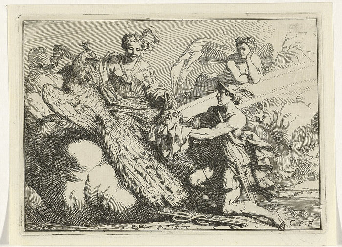 Juno seated with her peacock while Mercury kneels with Argus's head, c. 1670; the peacock is her emblem.